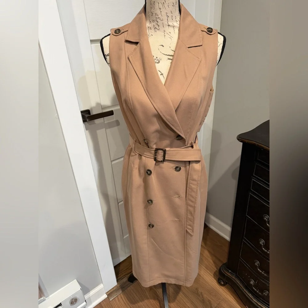 White House Black Market Tan Belted Midi Trench Coat Dress - Picture 6 of 8